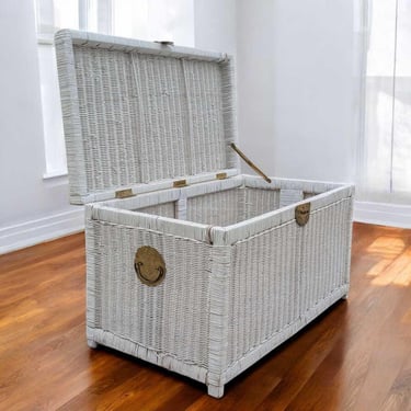 Vintage White Wicker Trunk – Rattan Storage Chest w/ Brass Accents, 35.5