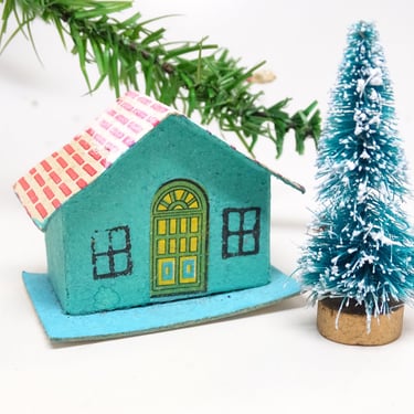 Vintage Glittered Cardboard Snow Covered  Christmas House with Hand Sisal Tree, Antique Holiday Decor 