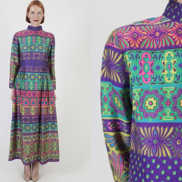 Alex Colman California Mod Print Dress, Vintage 60s Psychedelic Long Tapestry, Mandarin Style Cocktail Party Outfit 