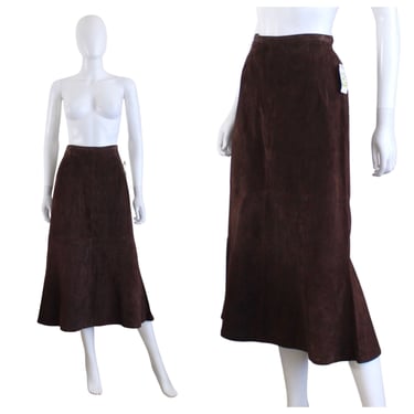 DEADSTOCK 1990s Dark Brown Suede Leather Skirt - 90s Leather Skirt - Vintage Suede Skirt - 90s Suede Skirt - Long Suede Skirt | Size Small 