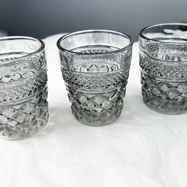 3 Anchor Hocking WEXFORD Grey Smoke Old Fashioned Drinking Glasses, SET, Vintage Mid Century Silver Gray Glass 