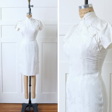 vintage 1960s qipao dress • tailored white rayon nipped waist short sleeve cheongsam dress 