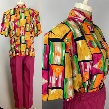 Abstract Print Magenta Gold Top| Vintage 80s | High Neck | Size Large | Jewel Tone Color Block Top | 