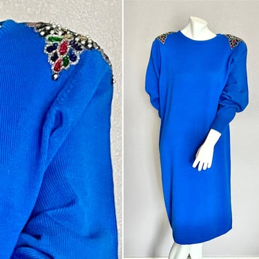 Jeweled Sweater Dress, Brite Blue, Vintage 80s, Classic Shift, Gems, Sequins, Eighties Fashion, Size L 