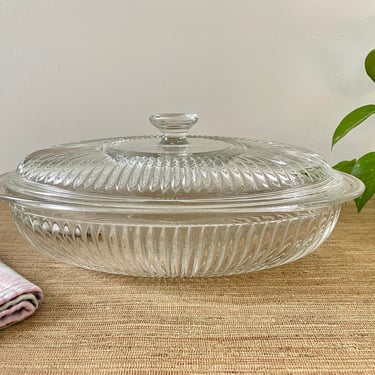Vintage Casserole Dish With Lid - Oval Ribbed Clear Casserole Dish with Lid - Ovenproof Ribbed Casserole Dish 