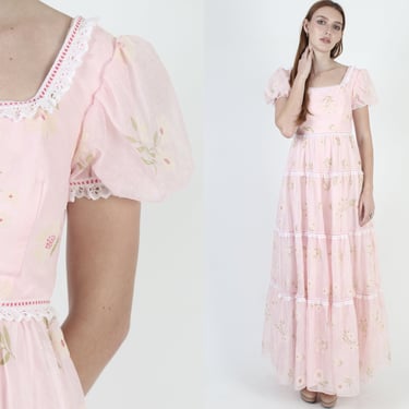 70s Cottagecore Garden Prairie Dress, Velvet Floral Pink Chiffon Tiered Maxi 