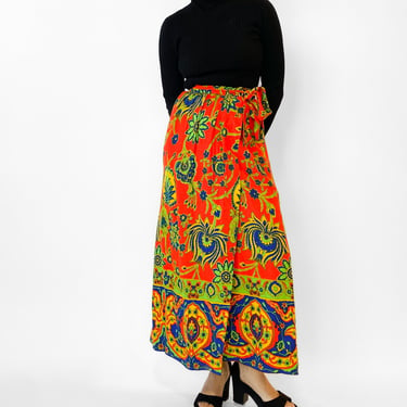 1970s Red Ornate Floral Maxi Skirt, sz. XS