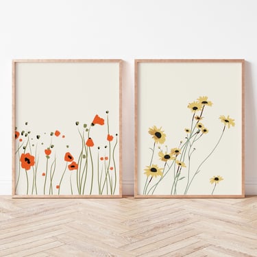 Floral Art Print, Set of 2, Modern Minimalist, Simple Wildflower Print, Floral Nursery Decor, Wildflower Art, Nursery Wall Art 