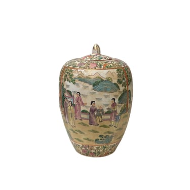 Vintage Chinese Famille Rose People Scenery Oval Round Porcelain Jar ws4565E 