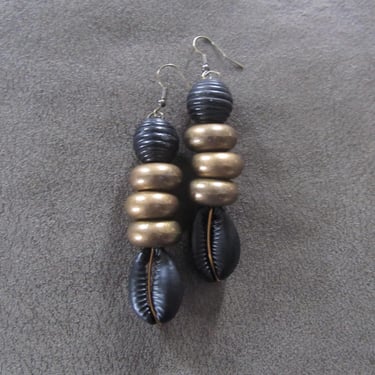 Chunky black and bronze cowrie shell earrings 