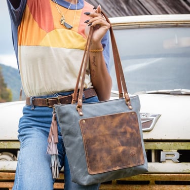 The Classic Waxed Canvas Bag | Tote Bag with Leather Pocket | Crossbody Bag | MEDIUM | Made in USA 