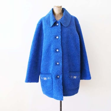 Vintage 90s Bright Blue Oatmeal Fleece Chore Jacket L - Corduroy Collar 1990s Long Teddy Bear Fleece Coat - Winter Snowflake Embroidery 