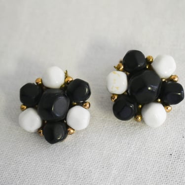 1960s Kramer Black and White Bead Cluster Clip Earrings 
