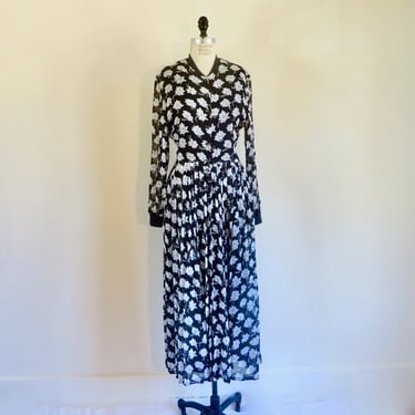 1990's French Black and White Floral Viscose Chiffon Maxi Dress Long Sleeve Button Front Pleated Skirt Made in France 30