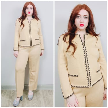1990s Vintage St John Marie Gray Santana Knit Suit / 90s Tan Zip Front Cardigan Wool High Waisted Trousers / Large 
