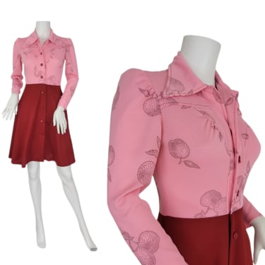 1970's Pink Burgundy Cherry Print Poly Knit Mini Dress I Sz Sm 