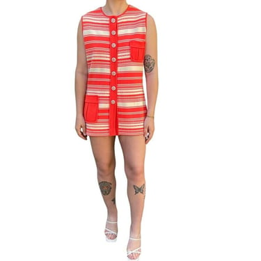 Vintage 1960s Womens Orange 100% Wool Mid Mod GoGo Disco Mini Striped Dress Sz S 