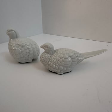 Porcelain Quail Statues - Bird Figurines - Whiteware Stoneware Chinoiserie Chic Decor 