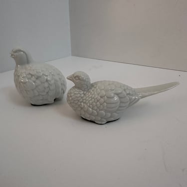 Porcelain Quail Statues - Bird Figurines - Whiteware Stoneware Chinoiserie Chic Decor 