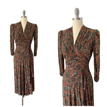 40s Brown Floral Rayon Dress / 1940s Vintage Flower Print Long Sleeve Dress / Medium / Size 8 
