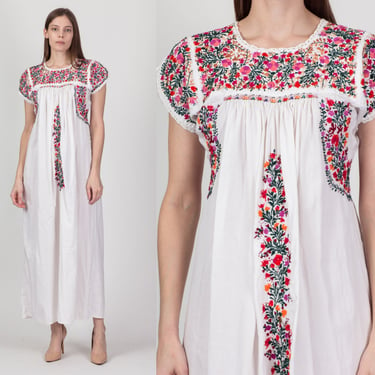 Vintage Oaxacan Embroidered Mexican Dress - Small | 70s White Maxi Boho Traditional Wedding Dress 