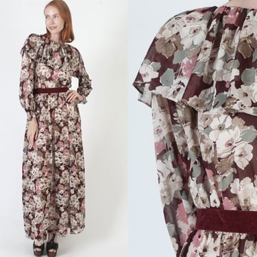 Long Lightweight Floral Print Maxi Dress, Vintage Ruffle Sundress With Belt, Romantic All Over Print Flower Material 