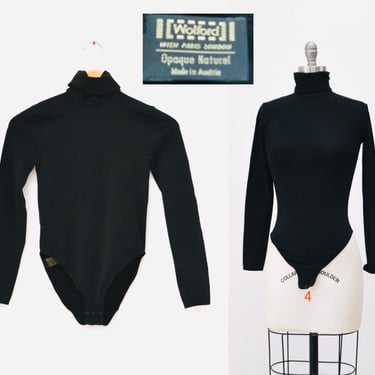 Vintage Black Bodysuit Wolford Black Colorado Brief Body Suit Leotard Turtle Neck long sleeve XS Small //  Vintage Black Wolford bodysuit 