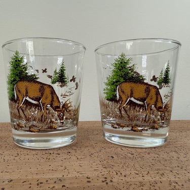 Libbey Glass Outdoor Life (2) Tumblers Lowballs Rocks Glasses | Deer Stag Woods | 1970s 