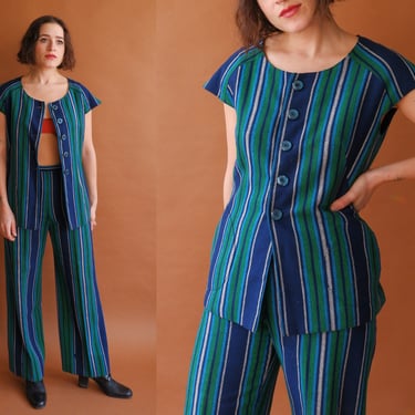 Vintage 60s Striped Two Piece Set/ 1960s Blue Green Pants and Vest Suit/ Size Small Medium 27 