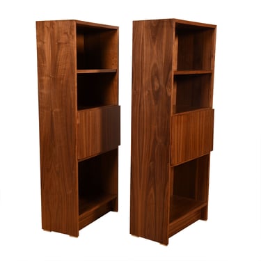 Danish Walnut (Pair) Bookcases | Nightstands w. Drop-Down Shelf + Closed Storage