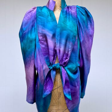Vintage 1980s Shebue Tie Dye Silk Wearable Art Jacket, Green Blue Purple Puffed Sleeve Boutique Designer Wrap, Small to Medium 