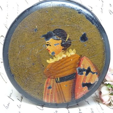 Antique 1800's Victorian Black Lacquered Paper Mache Snuff Box, Hand Painted Male Portrait, Vintage Art 