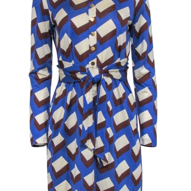 Diane von Furstenberg - Blue &amp; Brown Patterned Long Sleeve Tie-Waist Dress Sz 10