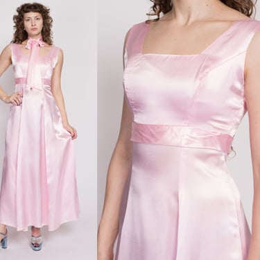 S| 70s Pink Satin Maxi Dress - Small | Vintage A Line Empire Waist Sleeveless Party Gown 