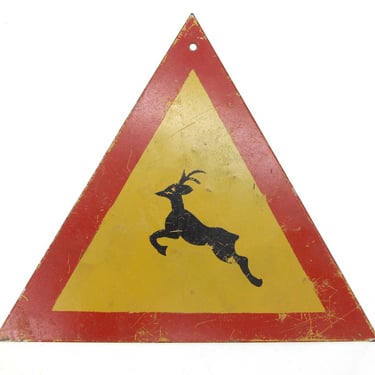 Vintage European Steel Deer Crossing Road Traffic Sign