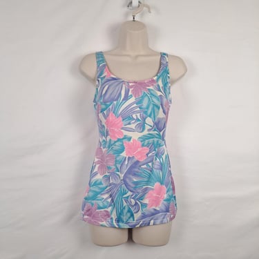 Vintage 80s Pastel Floral Swimsuit, Size Medium 