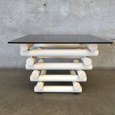 Local Long Beach LA Pick Up - Vintage 80s Post Modern Cream Tubular End Table with Smokey Glass Top - 1980s Accent Side Table 