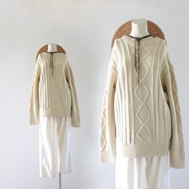 wool fisherman sweater - vintage 70s cream beige pullover minimal boho sweaters 