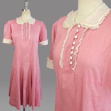 1930s Dress / Pink Dotted Swiss Cotton Dress / 1930s Day Dress / Vintage Pink Dress / Size Medium 