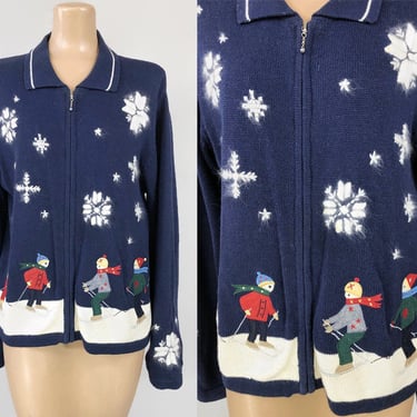 VINTAGE 90s Holiday Christmas Snowflakes Zip Front Cardigan Sweater | 1990s Ugly Xmas Party Sweater Navy Blue | VFG 