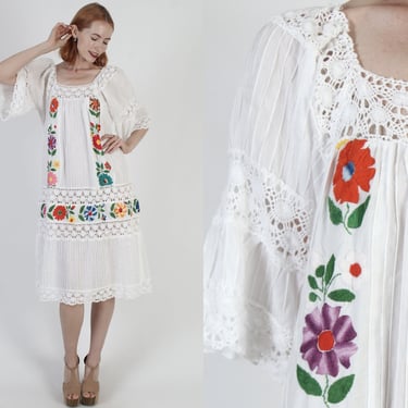 Rainbow Floral Mexican Hand Embroidered Dress Pintuck Cotton Elastic Shoulders Trapeze Angel Bell Sleeve Lounge Sundress 