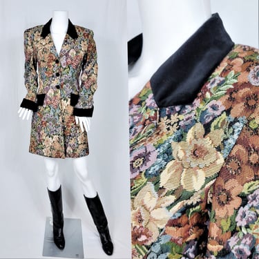 1990's Floral Tapestry Print Long Riding Coat Jacket I Sz Med I A.B.S 
