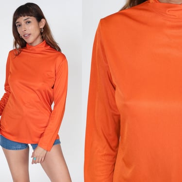 Orange Turtleneck Shirt 70s Long Sleeve Top Basic Funnel Retro Turtle Neck Simple Plain Blouse Mod Bright Basic Vintage 1970s Medium M 