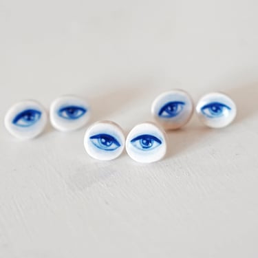 Mini Seeing Eye Studs, Ceramic Stud Earrings, Porcelain Eye Earrings, Illustrated Jewelry, Blue and White, Mini Eye, Brooklyn Ceramics 