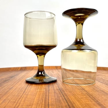 Vintage Pair of Tawny Smoke Brown Amber Stemware | MCM 