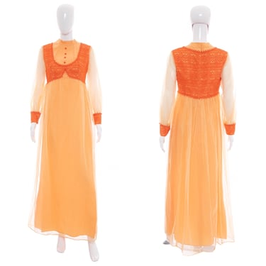 1970's Tangerine Chiffon and Lace Gown Size M