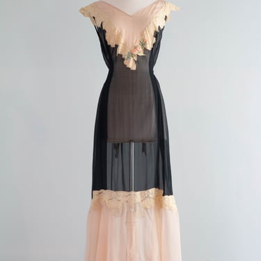 Exquisite 1920's Silk Chiffon Evening Dress Night Gown / ML