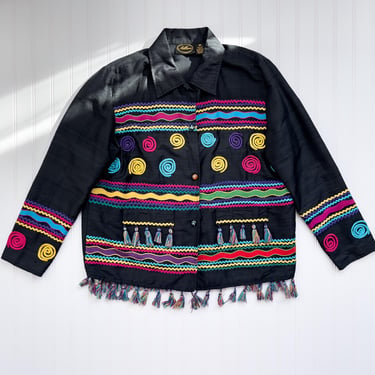 fringed jacket 90s vintage rainbow embroidered art to wear black silk tassel jacket 