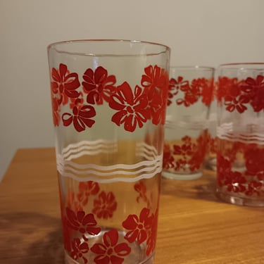 Red Flower Drinking Glasses | Set of 6 Midcentury Modern Barware 