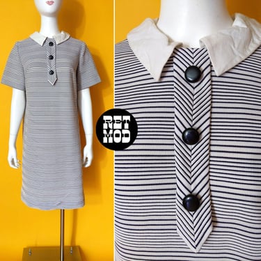 Cute Vintage 60s 70s Black White Stripe Poly Dress with Collar 